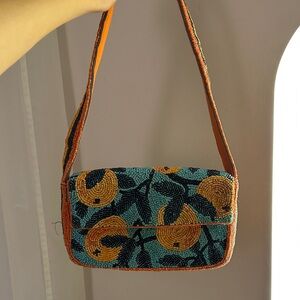 Anthropologie Teal and Orange Embroidered Crossbody Bag